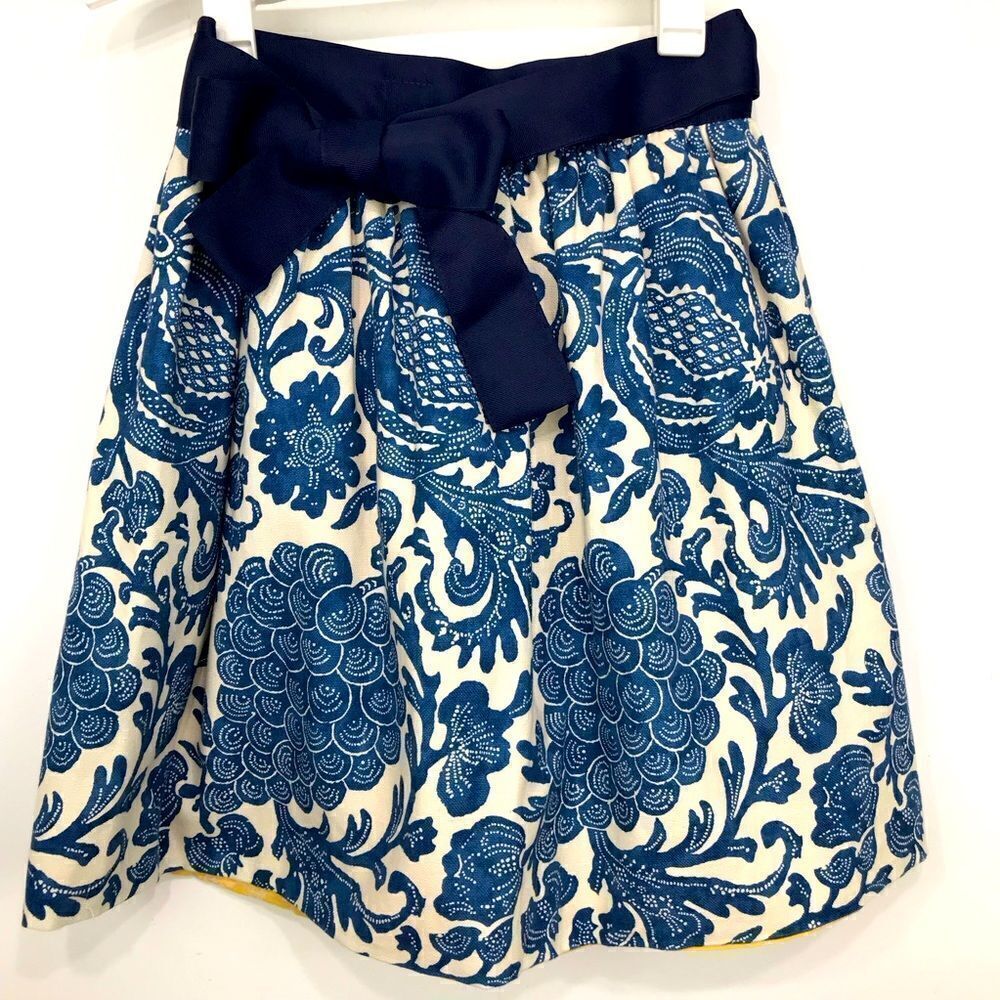 Molly B Blue Cream Yellow Reversible 2 Skirts in 1 Tie Waist Mini Wrap Skirt